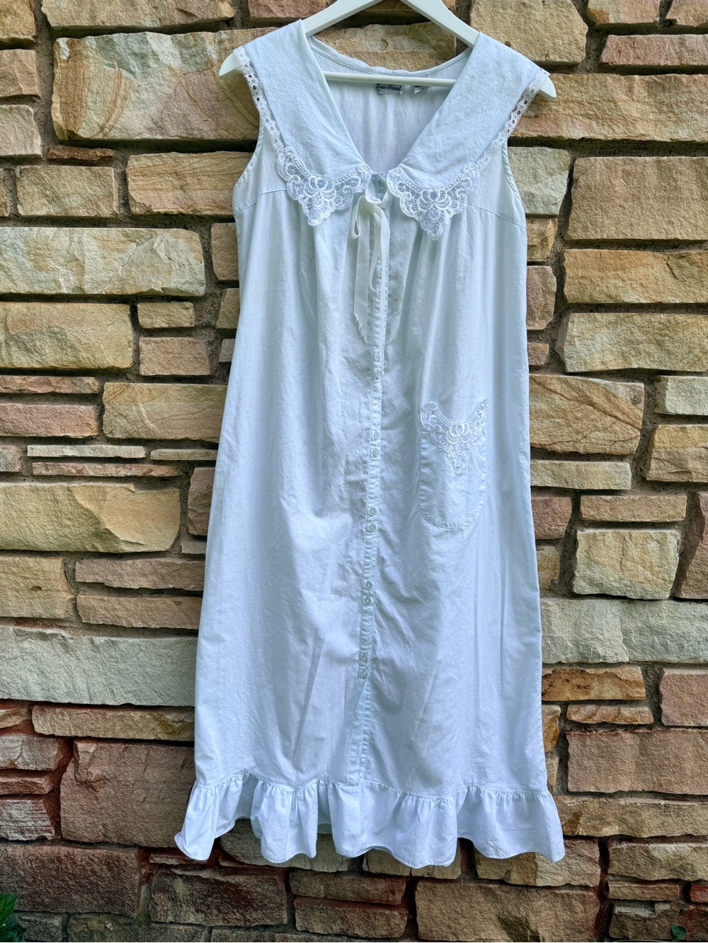Vintage Lewis Frimel Tiffany BlueCotton Eyelet Collared Nightgown Flawed gem